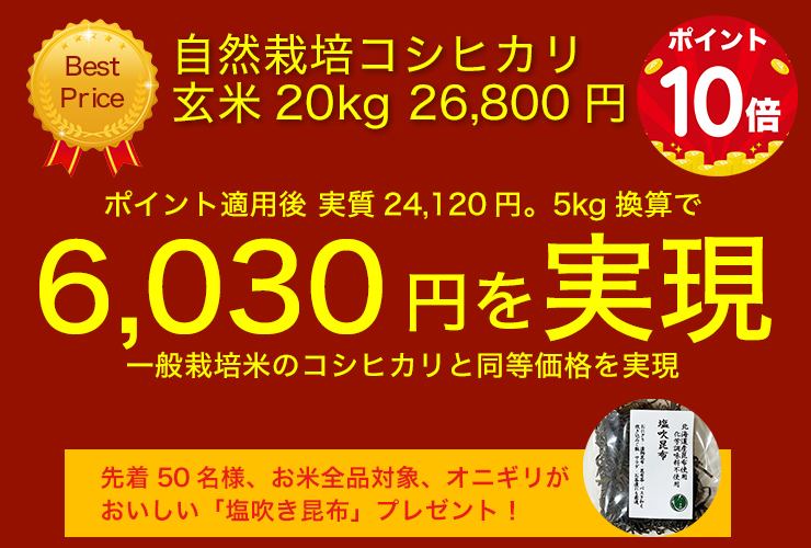 自然栽培コシヒカリ玄米20kg