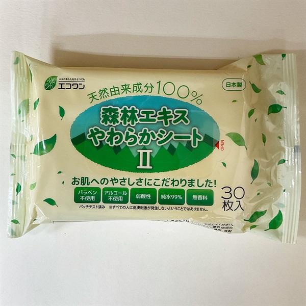 天然成分100％「森林エキス」やわらかシートⅡ【大判30枚】弱酸性、アルコール不使用、無香料（天然ヒノキ油の匂いがあります）/#