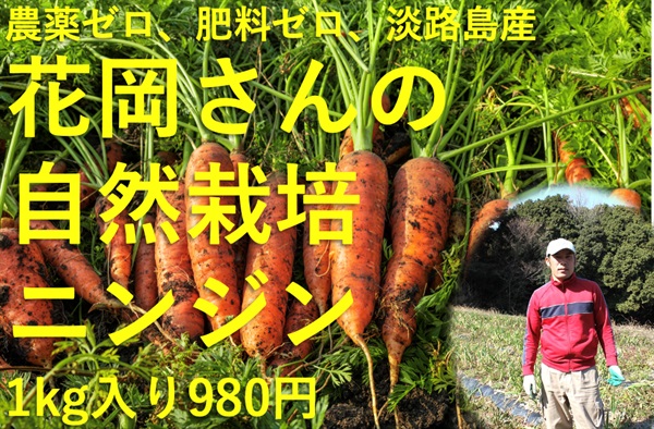 農薬ゼロ、肥料ゼロ、淡路島産、花岡さんの自然栽培「ニンジン」【約1kg】常温配送可（出荷期間4/14-4/17）