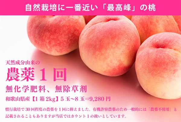 皮ごと食べられる！数量限定、農薬1回（有機許容農薬）、無化学肥料、無除草剤の「桃」【1箱2kg】5-8玉入り 和歌山県産　クール便（出荷期間6/16-6/19）