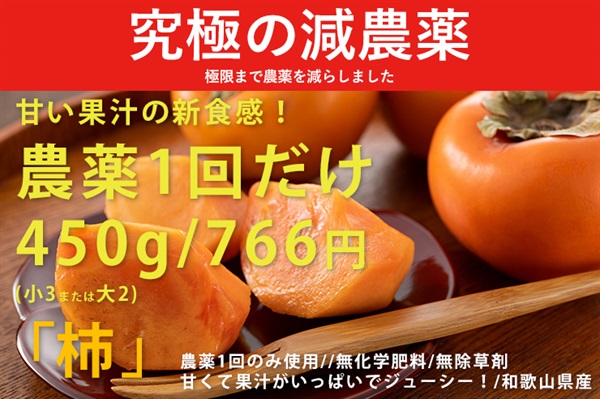 初回お買い得価格！農薬1回だけ使用/無化学肥料/無除草剤の自然派「柿」【450g（小3か大2）】和歌山県産/クール便（出荷期間9/29-10/2）